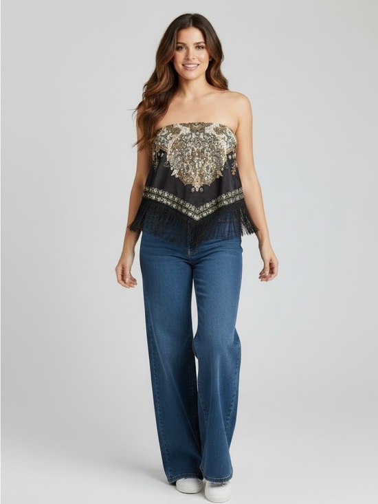 Buckle Tops - NWT Buckle Black Multi Satin Fringe Handkerchief Tube Top Western Cowgirl size S